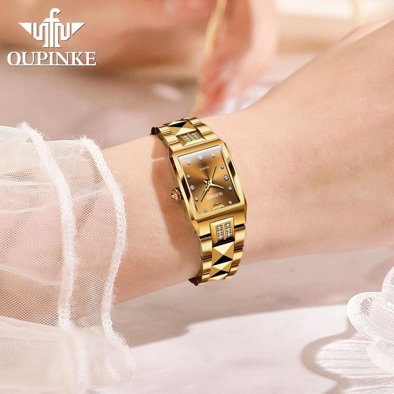 OUPINKE Markenuhren Diamantbesetzt Wasserdicht Kleine Quadratische Quarz-Damenuhr Damenuhr