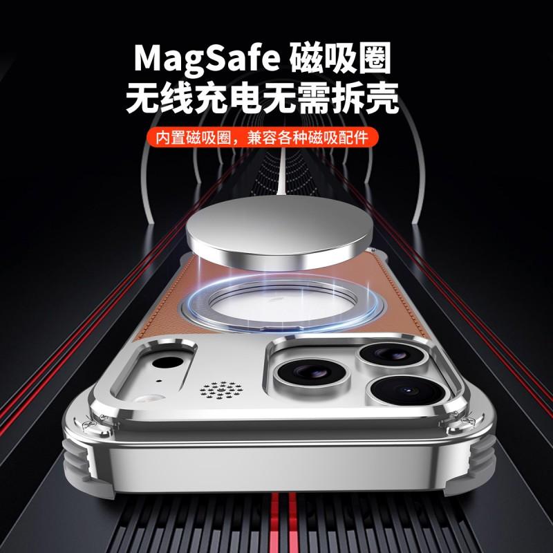 Magnetic Leather Phone Case With Kickstand IPhone 17 Pro Max 16 15 Series Aluminum Frame Slim Protective Cover