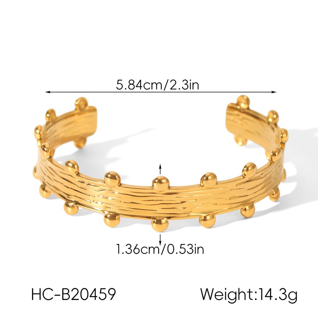 French Vintage Pleated Gold Bead Open Bangle, High-end Stainless Steel Gold-plated Bracelet, Titanium Steel Hand Jewelry