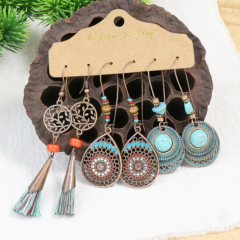 Colorful Tassels Earrings Set Ethnic Women Geometric Round Bronze Metal Drop Vintage Boho Wholesale Zircon Party Gifts