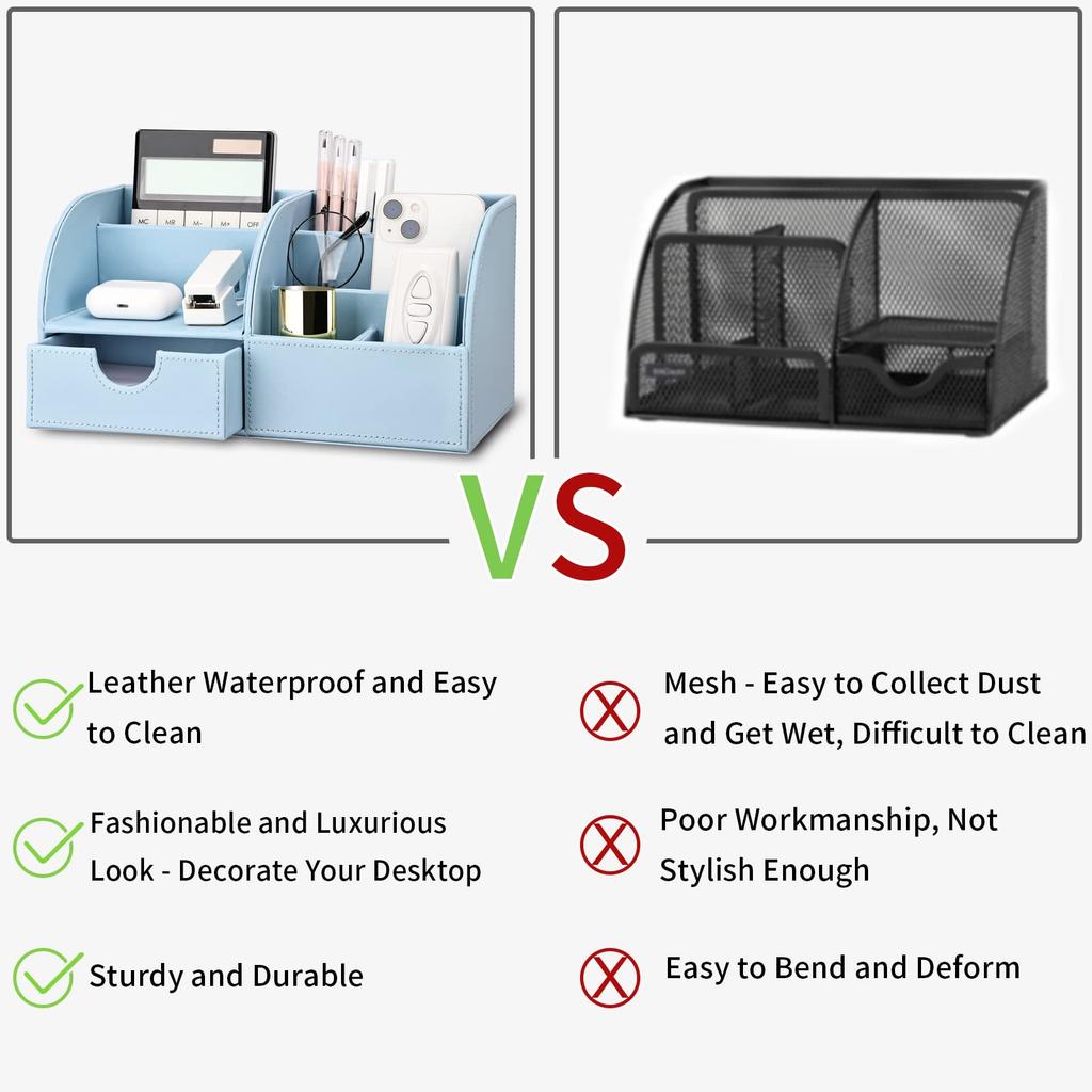 KINGFOM PU Leather Desk Storage Desktop Organizer with Stationery Remote Item Stylish Box/Case, Drawer, Pen/Pencil Holder, Stand, Control/Small