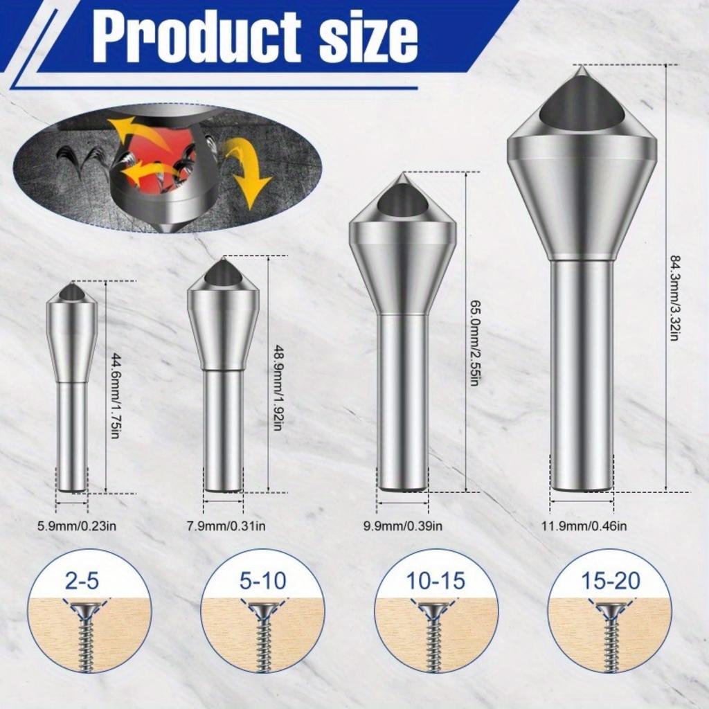 4pcs HSS Deburring Chamfering Cutter Countersink Drill Bits Titanium Coated Smooth Hole Metal 90 Degree Round Shank Hole Cutter