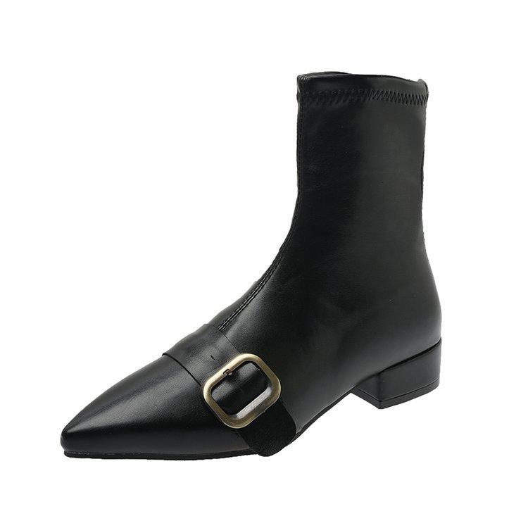 

С юбкой заостренные короткие сапоги французские тонкие голые сапоги осенние и зимние женские сапоги advanced sense нишевый ремень пряжка толстый каблук короткие сапоги 35 чёрный