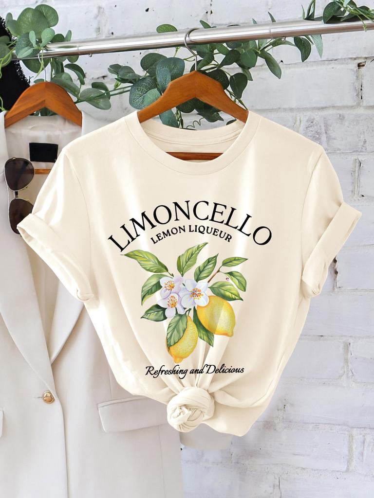 Women's Limoncello Lemon Liqueur Graphic Print T-Shirt - Short Sleeve Crew Neck Casual Top with Lemon & Floral Desig