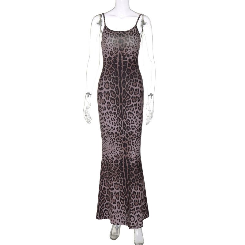 

Printed U-neck Backless Camisole Dress Print U-Neck Open Back Sling Dress Leopard print L
