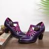 Johnature Echtes Leder Ausgehöhlte Dicker Absatz Spitze High Heels Retro Pumps Handbemalte Flache Damenschuhe