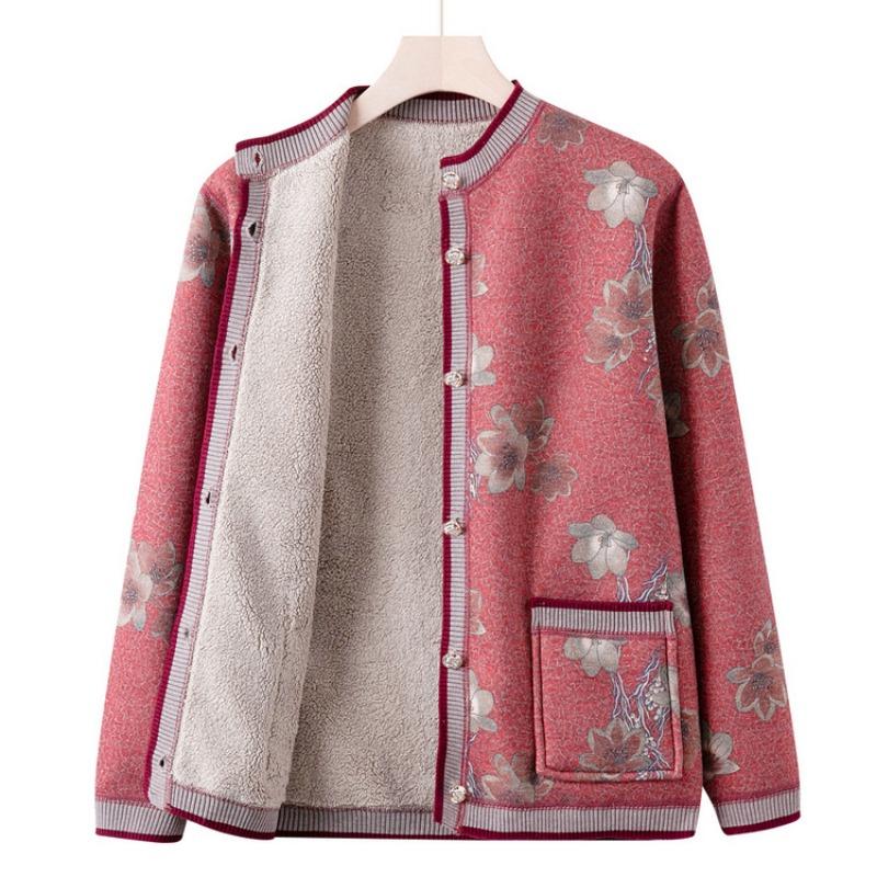 Grandma autumn casual cardigan fleece thickened middle-aged elderly autumn and winter clothing female mother clothing new knitted sweater jacket