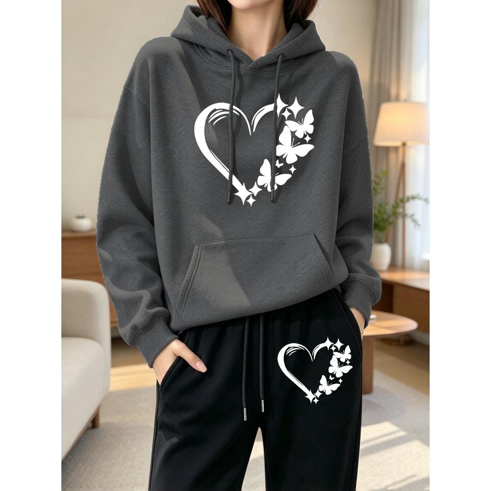 Combination Of Love And Butterfly Printed Y2K Women'S Hoodies Set Drawstring Fleece Hoody Clothing