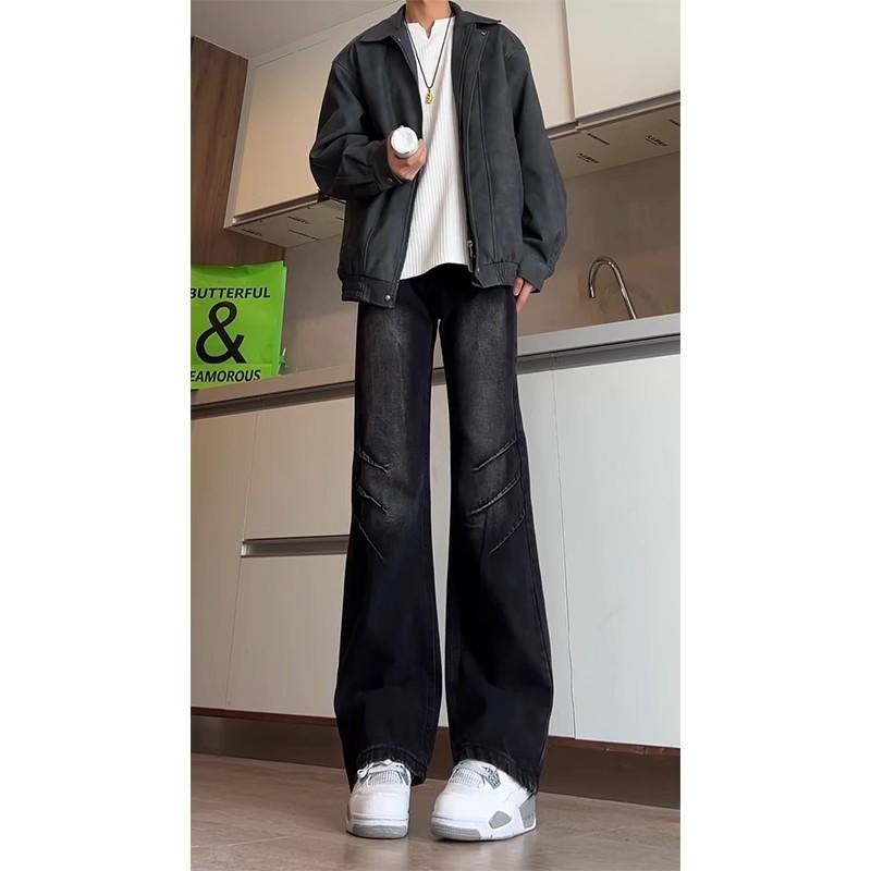 Black pleated scimitar jeans men's American high street vibe pants washed retro slim straight micro-pull pants