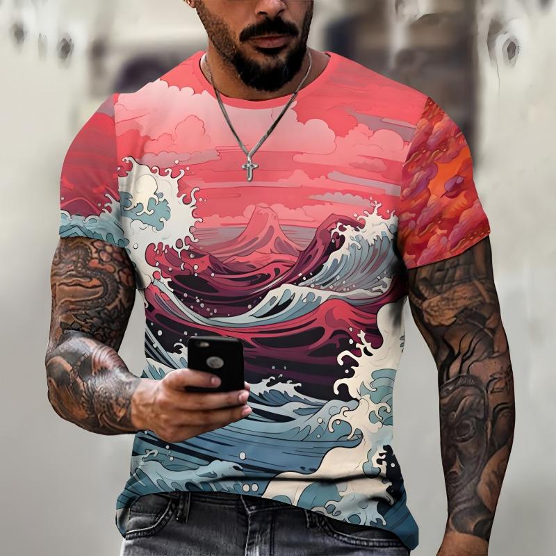 New Mens Clothing Top 3D Printed Sunset Sea View Graphic T Shirts Loose Round Neck Short Sleeved Tees Streetwear T Shirt for Men