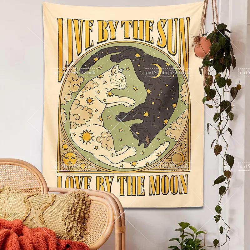 Sun Moon Tarot Tapestry Wall Hanging Boho Tarot Cat Kawaii Room Decor Psychedelic Hippie Tapestry Kids Room Bedroom Art Posters