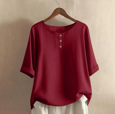 Dames O-hals Blouse met Driekwartmouwen Losse Pasvorm Casual Katoen Linnen Top Effen Kleur Knopen Henley Top