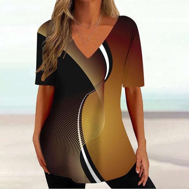 Gradient Stripes Printed V-neck Short Sleeved T-shirt Versatile Comfortable Fashionable Casual Women's T-shirt