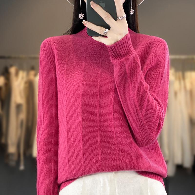 2023 Women's Pure Wool Round-Neck Sweater - Solid Color, Vertical Stripe, Commuter Style, Knitted for Warmth