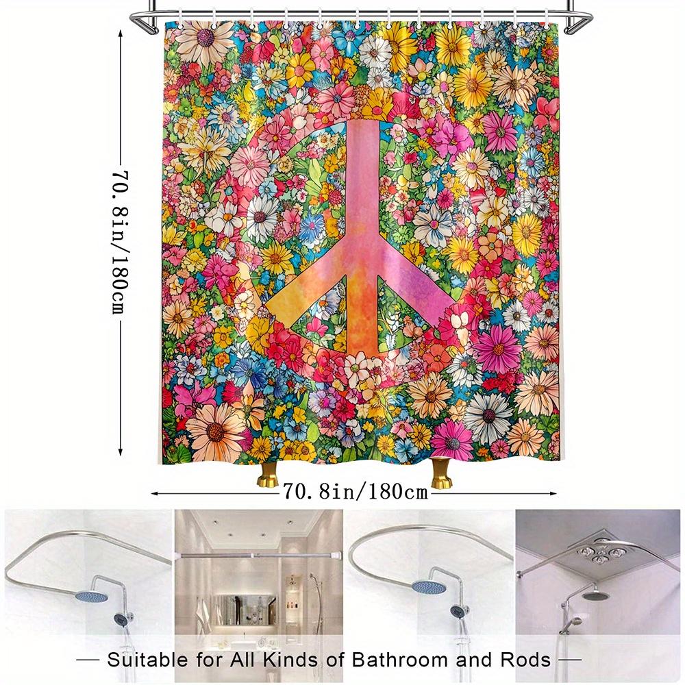 1Pc Vibrant Floral Peace Sign Shower Curtain - Colorful Flowers & Symbolic Design, Polyester Fabric Bathroom Dcor With 12 Hooks