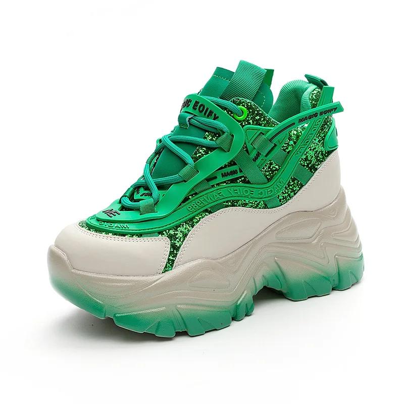 

Fashion 9CM Green Luxury Designer Sneakers On Platform Sports Shoes For Women 2025 New Fashion Thick Bottom Wedding Shoes High Heel 34 зелений