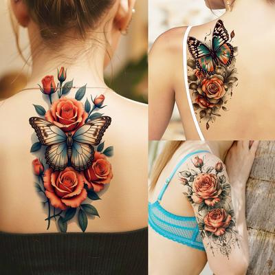1 Sheet Watercolor 3D Rose Butterfly Temporary Tattoos For Women Girls Waterproof Realistic Flowers Fake Tattoo Sticker Body Art