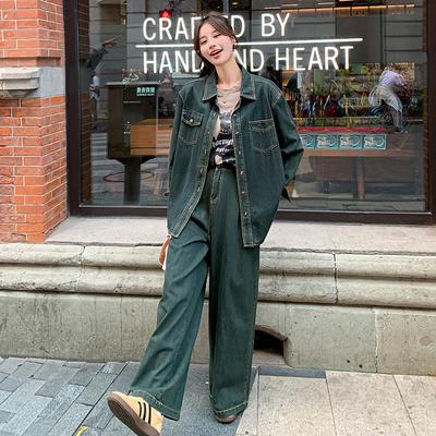 Hong Kong Style Retro Denim Suit Spring Women's New Sports and Casual Wide-leg Pants Two-piece Set