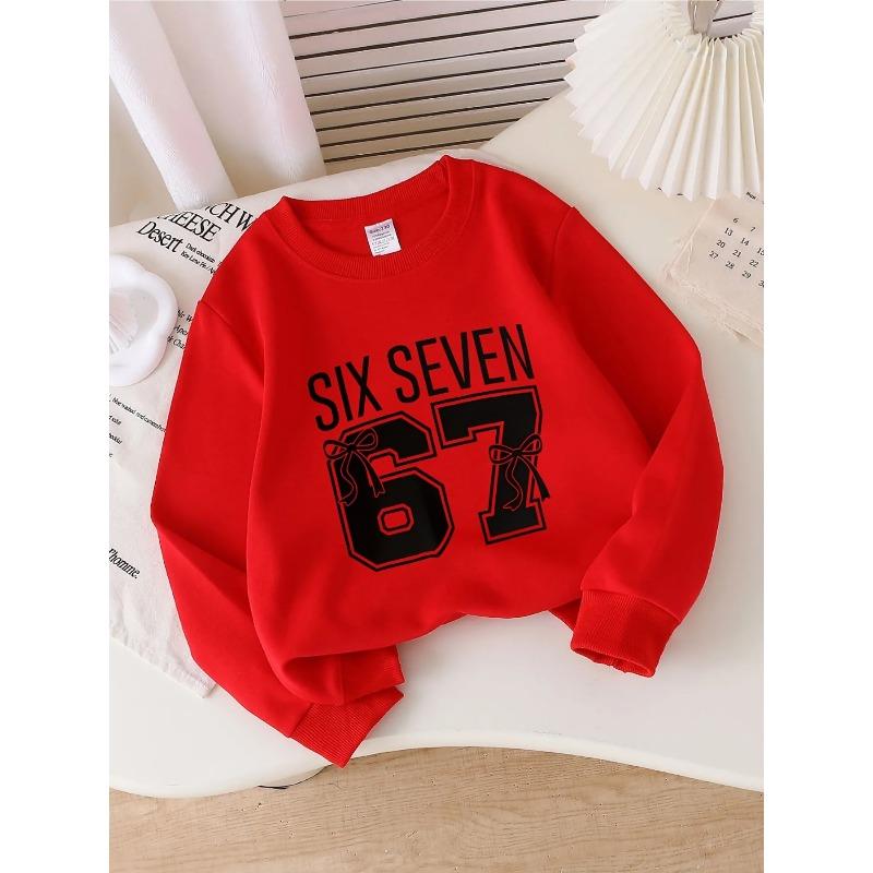 Kids Girls Crewneck Sweatshirt, Varsity Font "SIX SEVEN" Number 67 With Cute Bow Decor Print White Soft Fleece Pullover For 7th Birthday