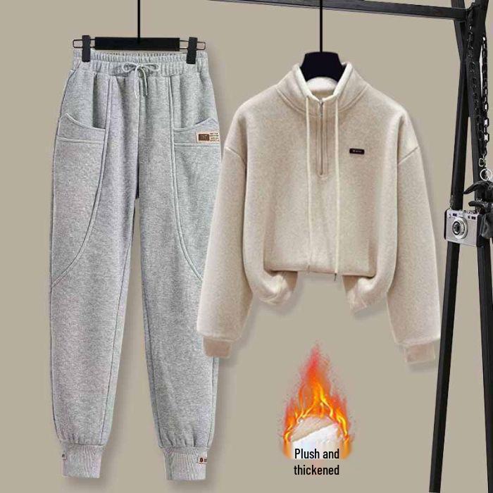 Trendy Women's Fleece Half-Zip Stand Collar Sweatshirt & Loose Harem Pants Set
