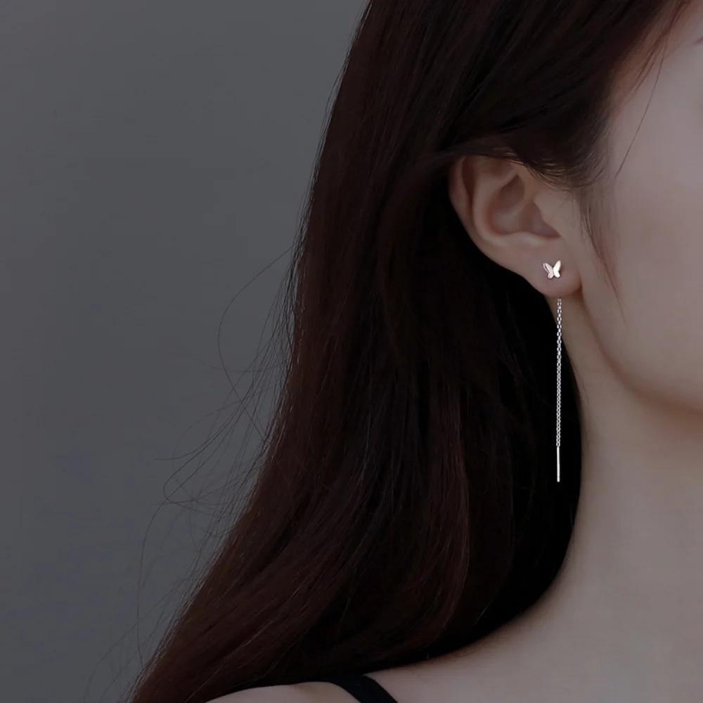 Korean Fashion Long Tassel Butterfly Drop Earrings for Women Simple Silver Color Straight Hanging Earrings Summer Jewelry Gifts