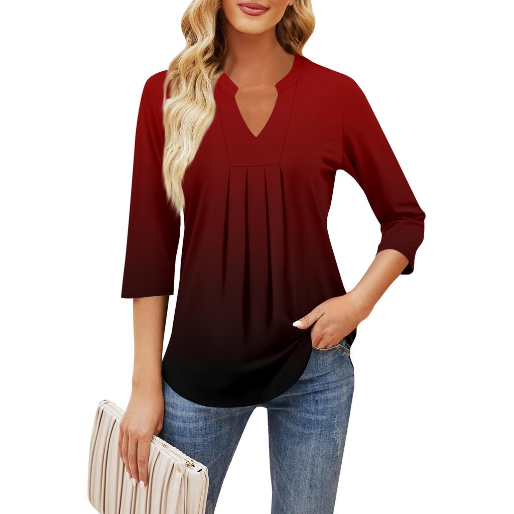 Damen Siebenviertelärmel Tops Lässig V-Ausschnitt Brustrüschen Einfarbig Locker T-Shirt Tops