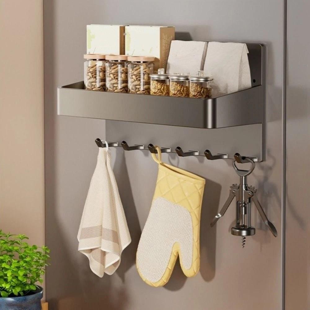 Carbon Steel Magnetic Storage Rack Wall Mounted Large Capacity Refrigerator Side Storage Rack with Hooks Punch Free Spice Rack