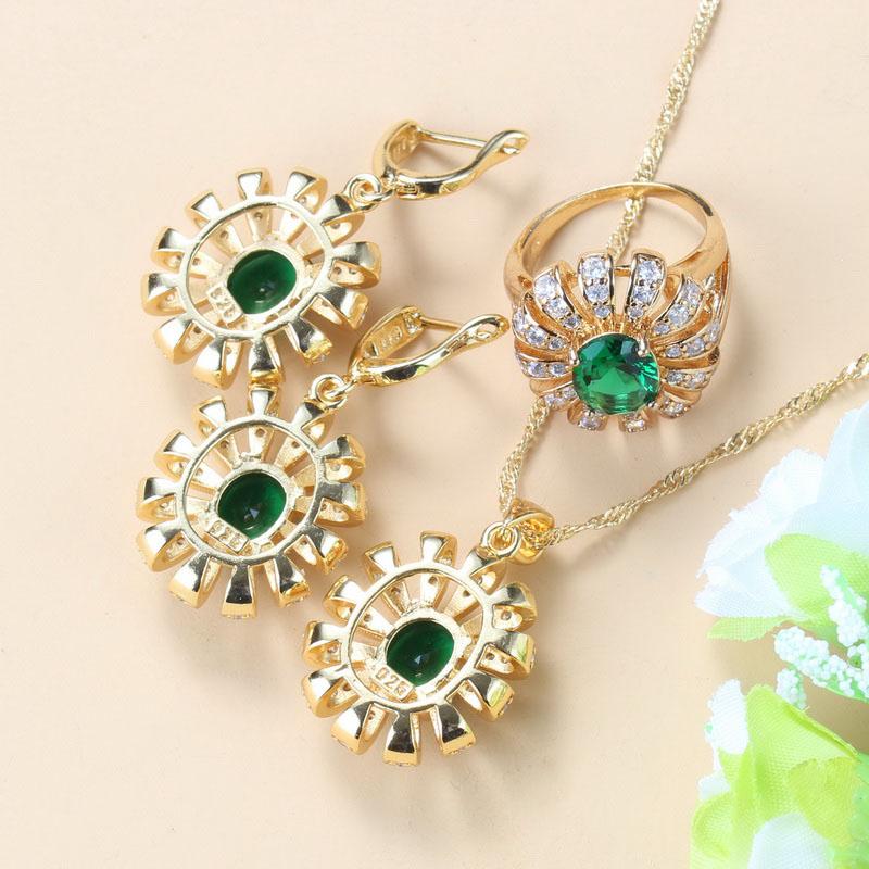 Africa Bridal Costume  Gold Plated Big Jewelry Sets For Women Green Zircon Dangle Earrings/Necklace/Bracelet And Ring Sets