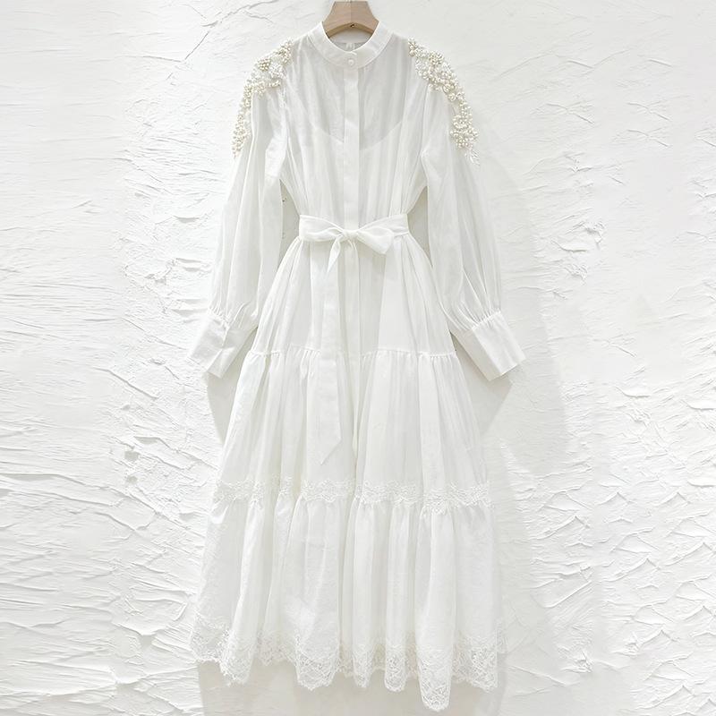 2026 Spring Summer Beaded Lace Patchwork Dress for Women Stand Collar Long Sleeve High Waist Belt Casual Vestidos Pleated Y2k