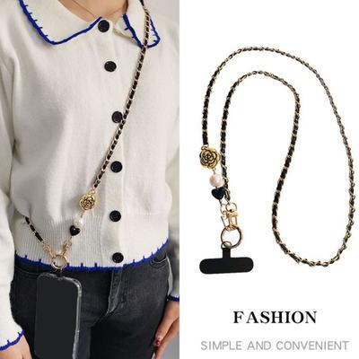 Pearl Mobile Phone Diagonal Lanyard Camellia Metal Chain Crossbody Phone Rope Long Anti Lost Mobile Phone Strap Lanyard Patch
