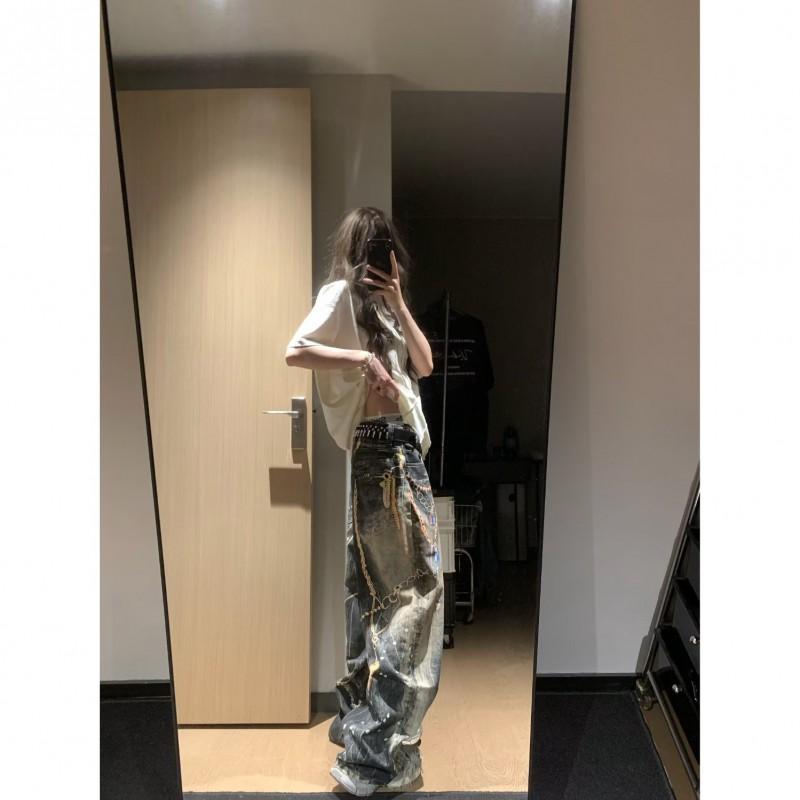 Womens Vintage Washed Denim Jeans With Chain Lace Print Slim Straight Cut Mid-Rise Cotton Blend Loose Fit