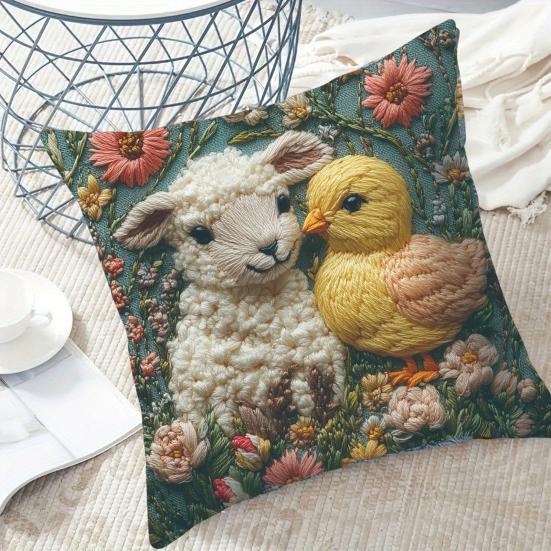 Easter Bunny Pillowcase Imitation Embroidery Lamb And Chick Print Pillowcase Farmhouse Throw Pillow Cover for Parties Living Room Couch Sofa Decor