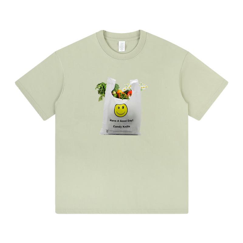 Unisex Summer Cotton Crew Neck T-Shirt with Plastic Bag Print, Casual Loose Plus Size Tee