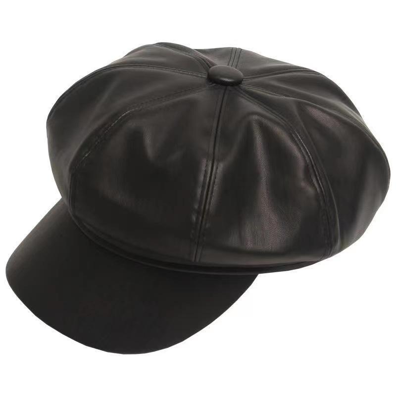 New Style, Autumn/winter Japanese, Octagonal Hat, Versatile for Men and Women, PU Leather, Beret, Korean Version, Outdoor Casual Hat