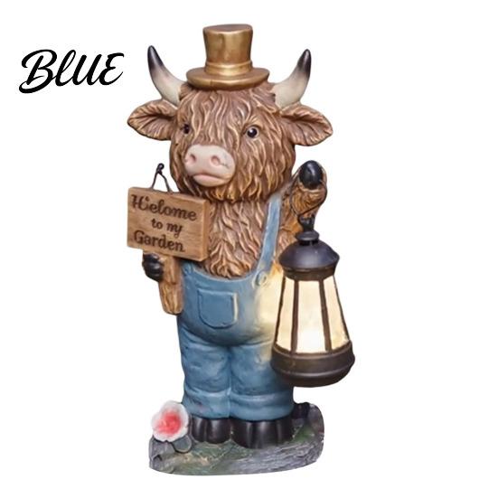 Rustic Garden Decoration Highland Cow Statue with Battery Powered Lantern Small Cattle Figurine Welcome Sign Outdoor Resin Sculpture for Lawn