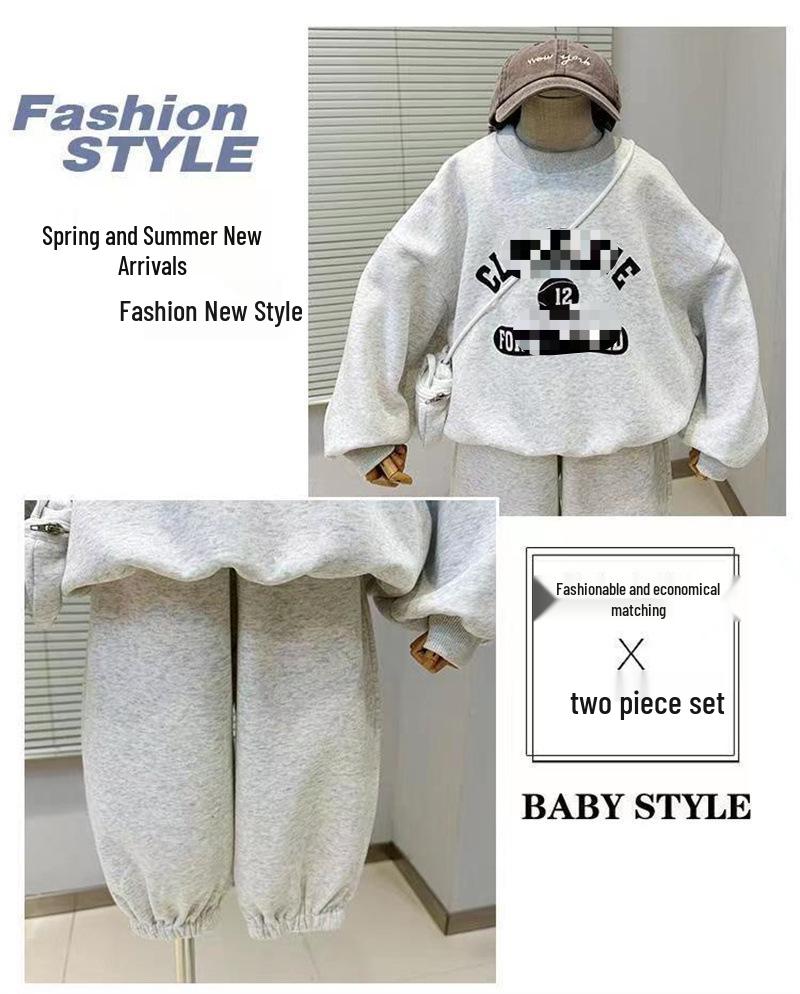 Boys 2024 Spring & Autumn Korean Pullover & Sweatpants Set - Solid Color, Casual & Fashionable