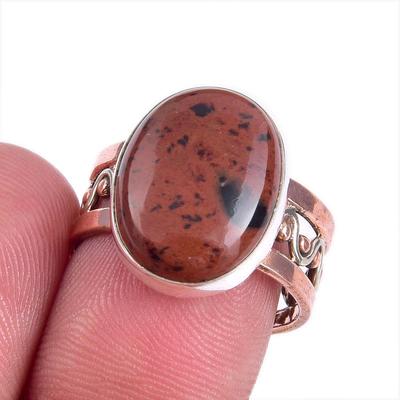Natural Mahogany Red Obsidian Gemstone 925 Solid Silver Two Tone Ring S.7.5 q3S47