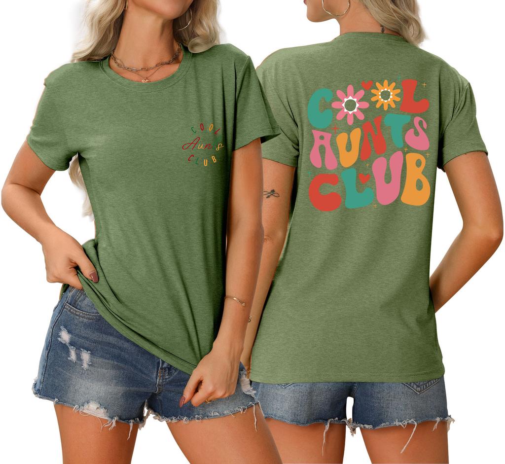 Summer new Womens round neck cool aunts club front and back printed Tshirt loose casual shortsleeved top with a stylish pullo