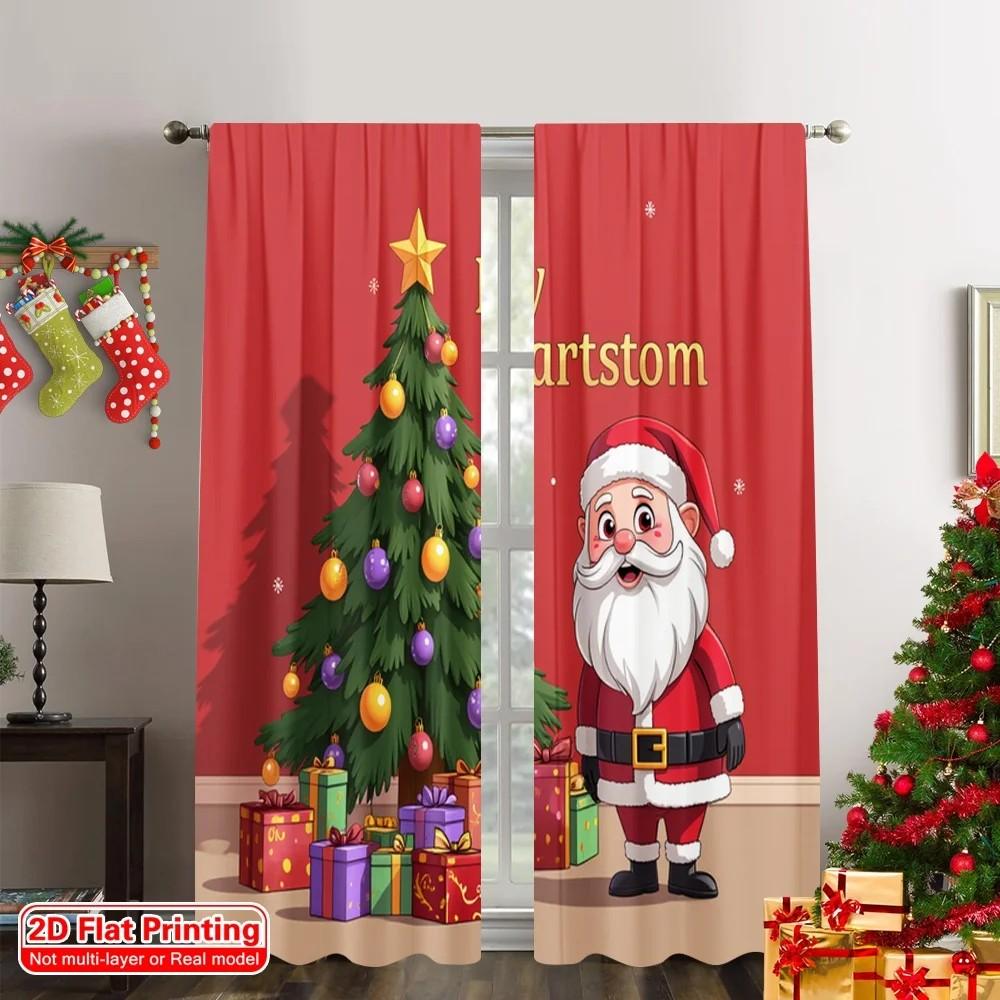 

JIT 2pcs Festive Christmas Tree Santa Claus Curtains Cartoonish Design Room Darkening Polyester Holiday Window Decor Home Decor 100*130 Rod Pocket 1pcs