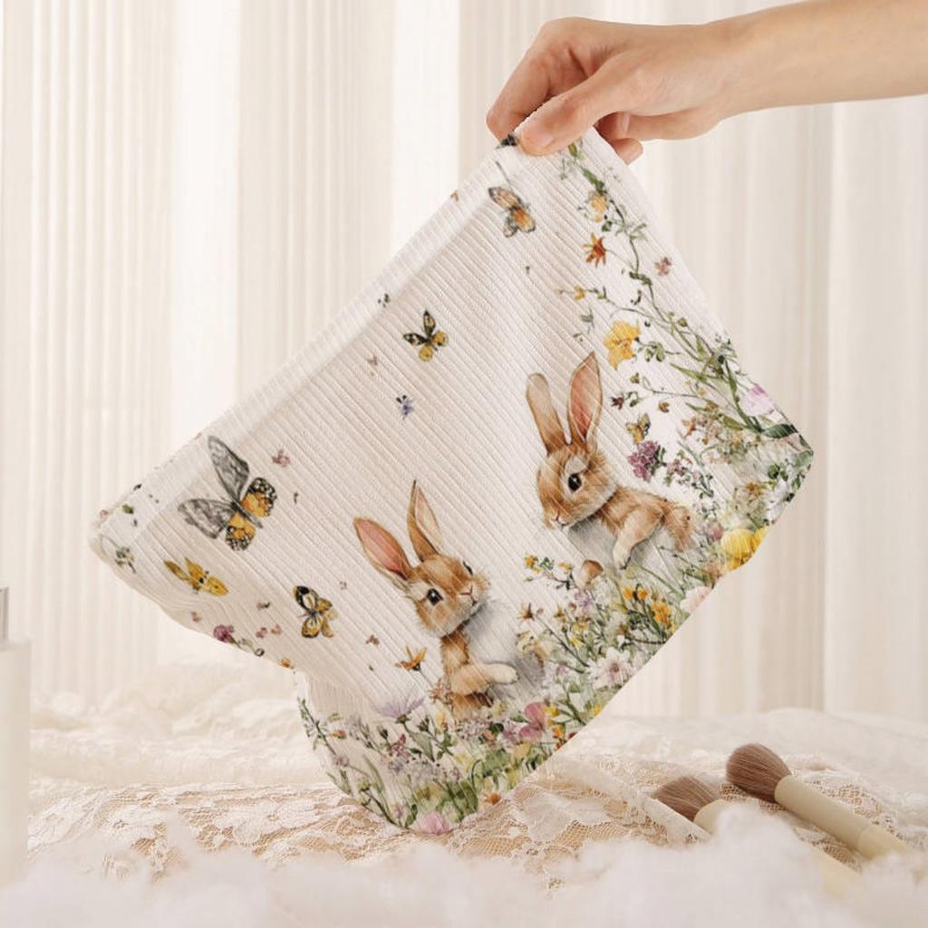 Rabbit Pattern Corduroy Makeup Bag, Lightweight Zipper Storage Box, Multifunctional Bag with Lining, Used for Storing Cosmetics