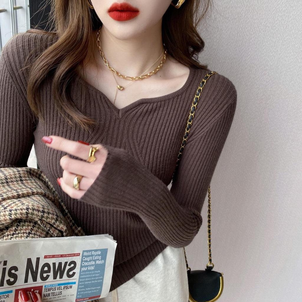 Women Slim V Neck Bottoming Sweater Autumn Winter Women Casual Pullovers Long Sleeve Knit Warm Office Sweater