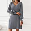 Frauen Herbst Winter V-ausschnitt Puff Ärmel Einfarbig EINE Linie Warme Hohe Taille Kleid S-XL