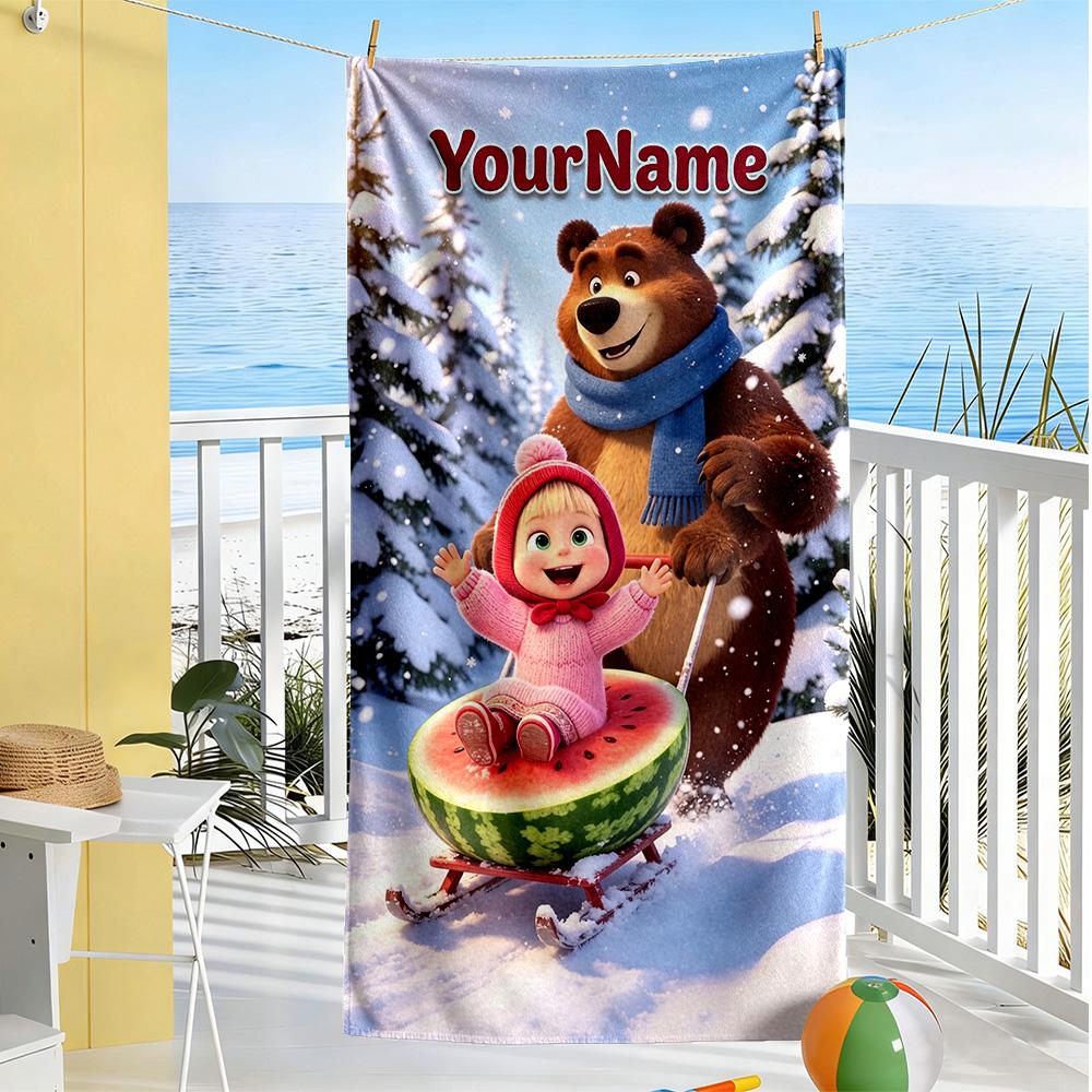 Masha Bear Customize Text Beach Towel Super Soft Microfiber Quickdry Fabric