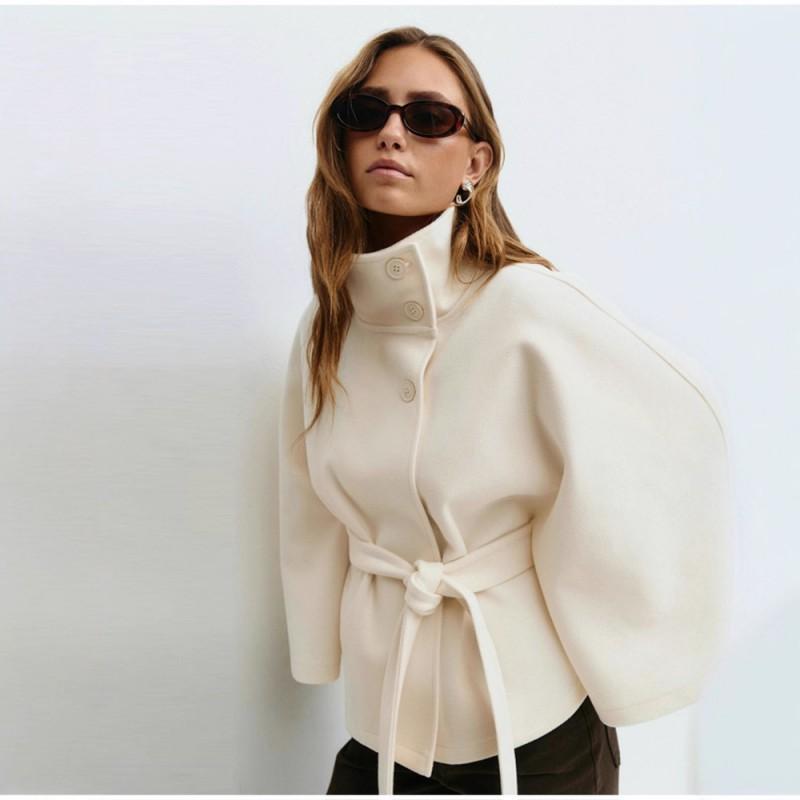 Womens Stand Collar Lace-up Jacket Loose Fit Casual Short Coat 2025