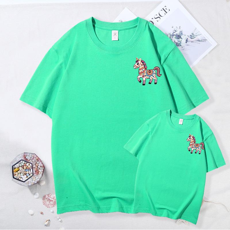 Year of the Horse Zodiac Family T-Shirt: Red Short Sleeve for Parent-Child, New Year Festive Portrait