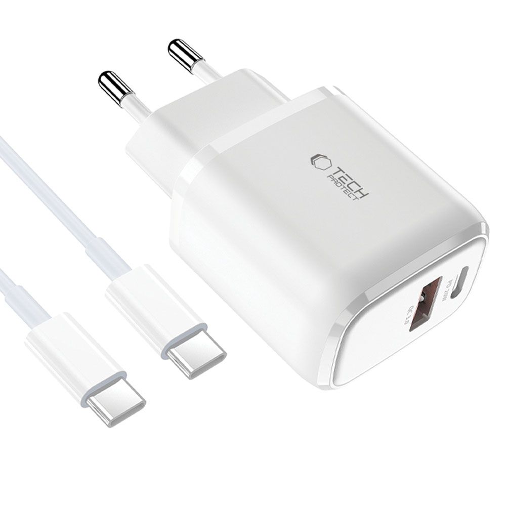 Tech-Protect C20W 2-Port Network Charger Pd20W/Qc3.0 + Type-C Cable White