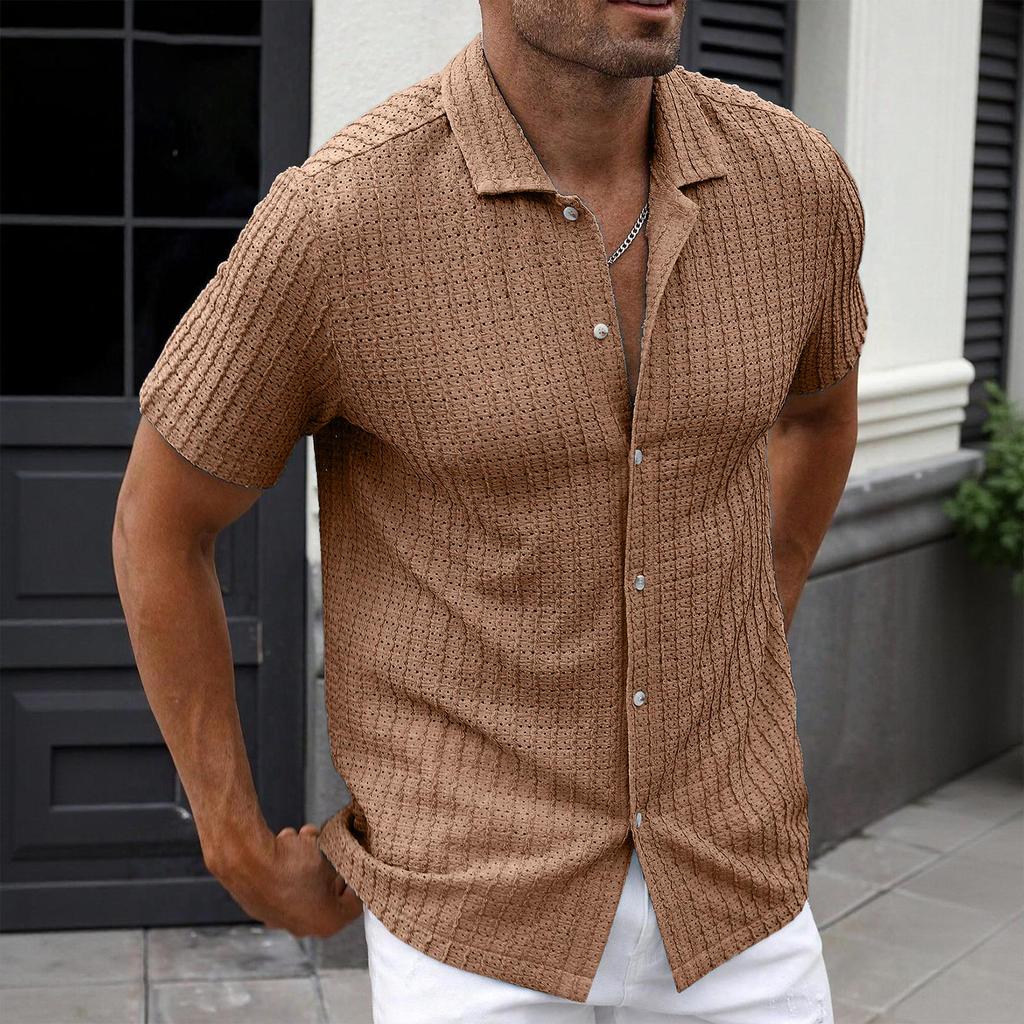 Men's Casual Short Sleeve Shirt Button Down Lightweight Knit Fabric Open Collar Summer Top Comfortable Fit