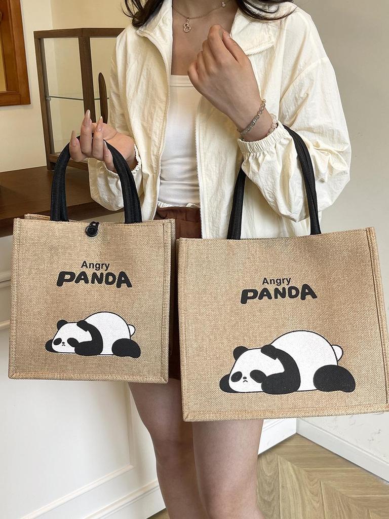 Portable Large-Capacity Panda Tote Bag - Retro Linen Shopping & Travel Shoulder Bag