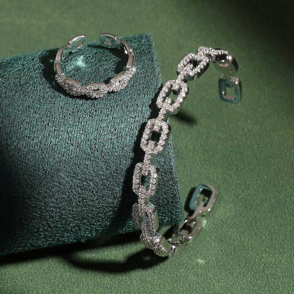 Yupsk 2 Pieces Hollow Square Shiny Zircon Chain Bracelet Rings for Women Shiny CZ Crystal Cuff Bangle Wedding Jewelry