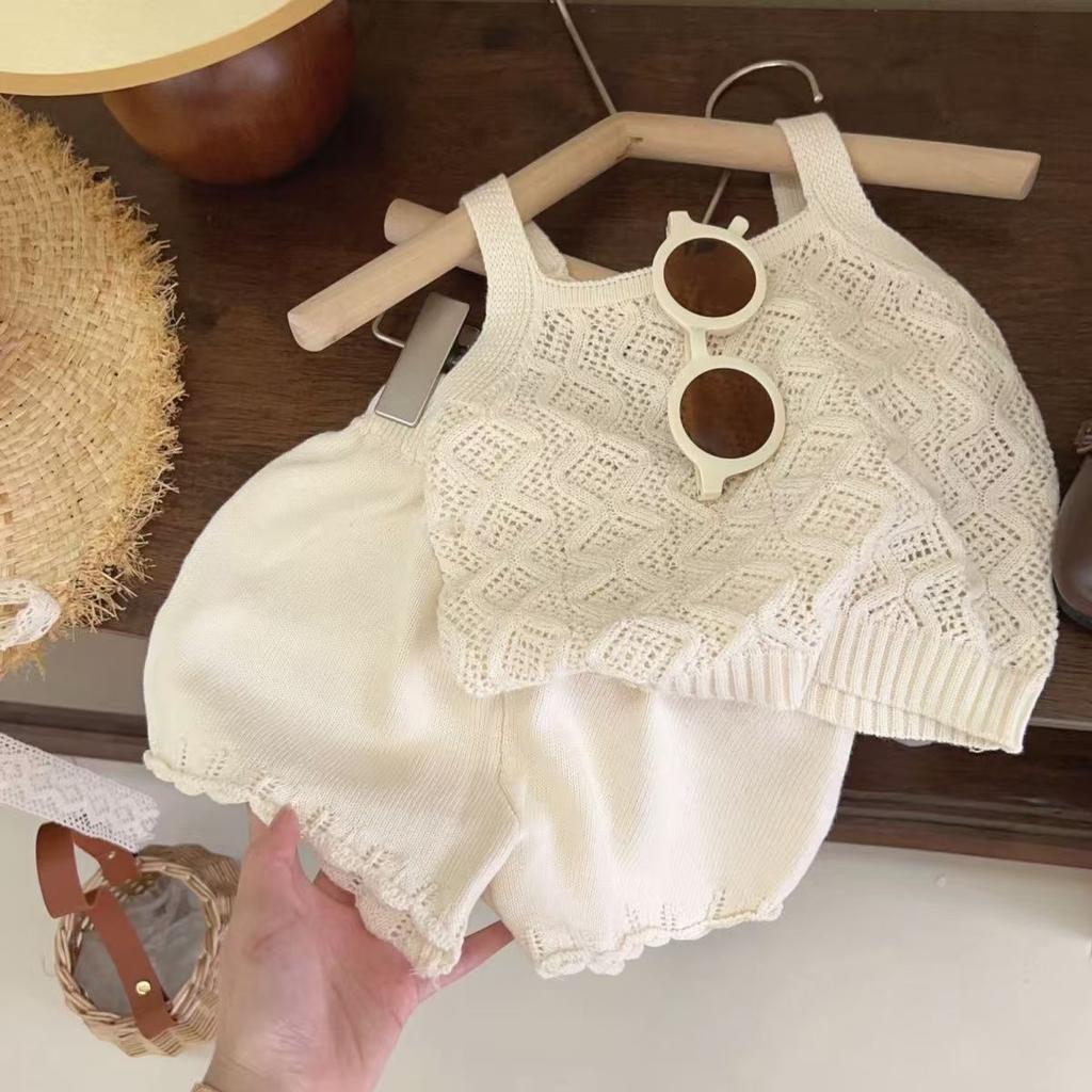 Summer Girls Knit Camisole And Shorts Set Hollow Out Breathable Thin Two Piece Outfit For Kids